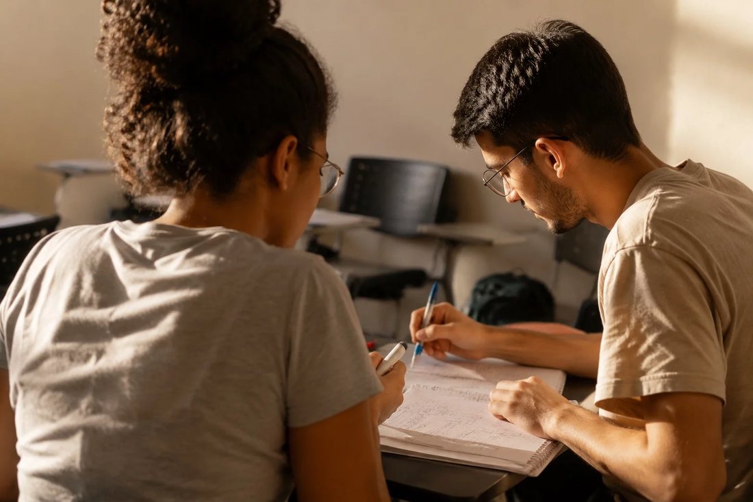 Estudantes de mochila trocando ideias no corredor de uma universidade